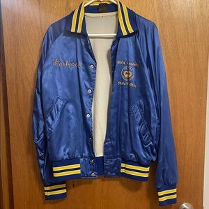 Blue Satin Bomber Jacket with Yellow Stripe Trim